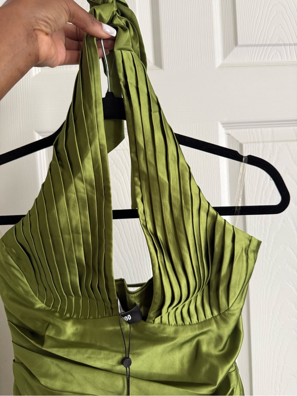 Satin Olive Halter Maxi Dress with Plunging V-Neck - Picture 5 of 8